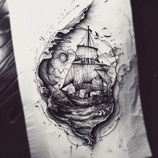 Bold and dark flat tattoo sketch with a stormy sea and a resilient boat