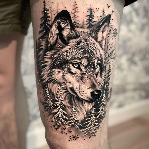 Realism tattoos of a wolf in the snow on the leg