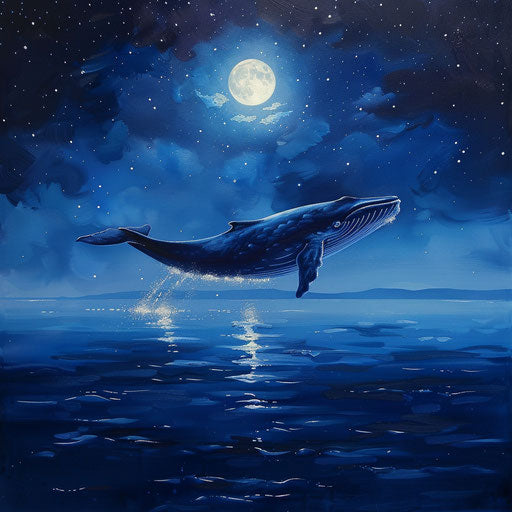Blue whale swimming under the full moon
