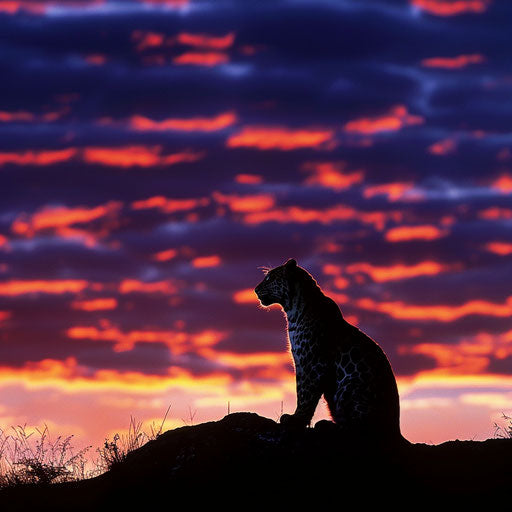 Amur leopard silhouette against sunset sky