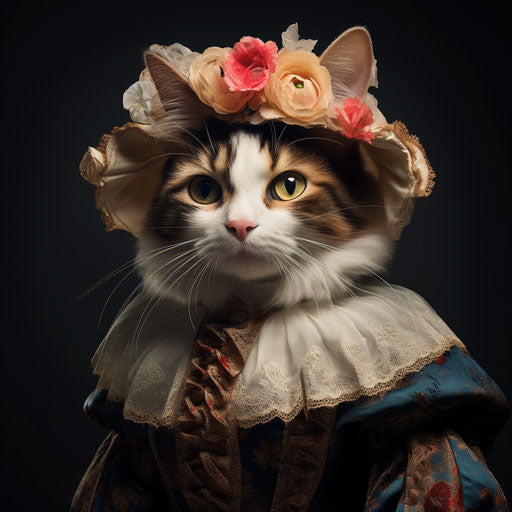 Calico cat dressed as a woman
