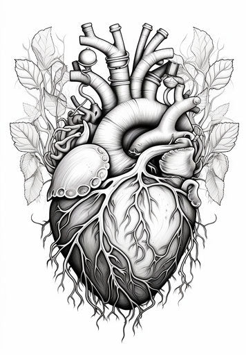 Heart in black and white, exaggerated anatomy, humor meets detail