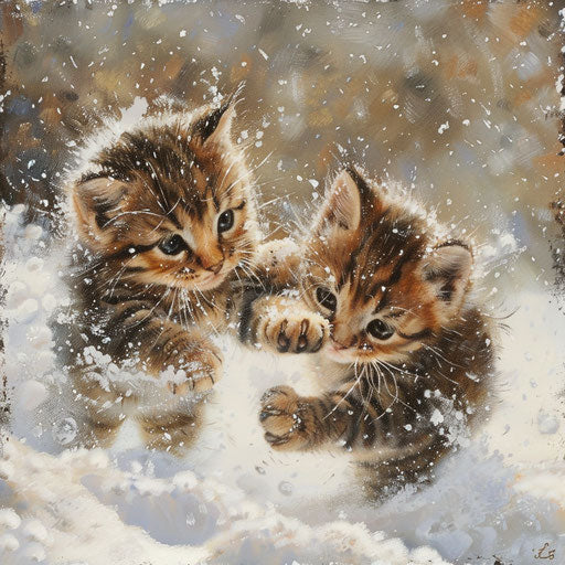 Chubby cat kittens playing in the snow