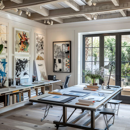 Chic design studio with drafting tables and inspirational art