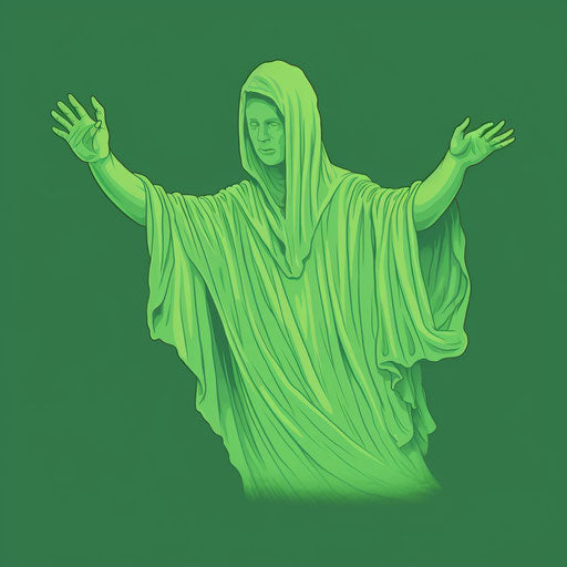 A green ghost with hands up on an offwhite background