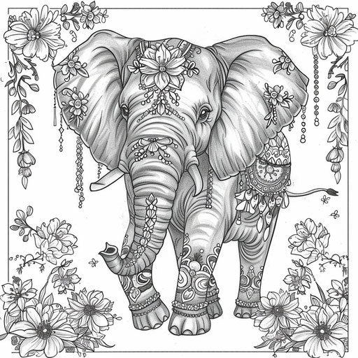 Elegant elephant with floral garlands in the style of Megan Hess