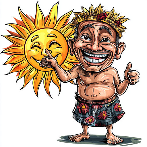 Humorous caricature of a bahay kubo caricature clipart with human characteristics, exaggerated raised eyebrows, big feet, next to a smiling sun, vibrant colors, cartoon style, pointing, high-resolution, no background, isolated –c 40