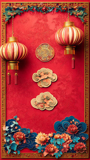 New Year mobile wallpaper with lanterns and auspicious clouds