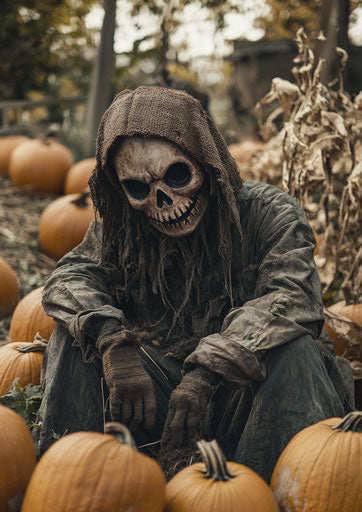 Scarecrow in pumpkin patch, scary hyper-realistic photo
