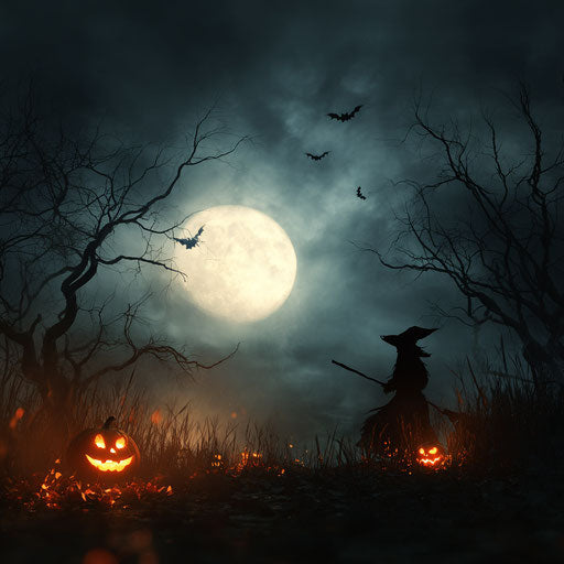 Eerie Night with Full Moon and Glowing Jack-o'-lanterns