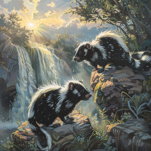 Two eastern spotted skunks playing on a rocky outcrop with a waterfall in the background
