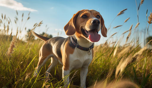 A beagle walking in tall grass with owner in background