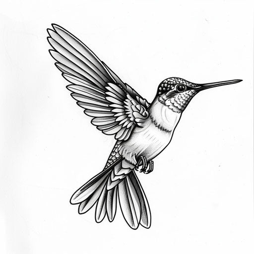 Flat tattoo sketch of a detailed hummingbird mid-flight