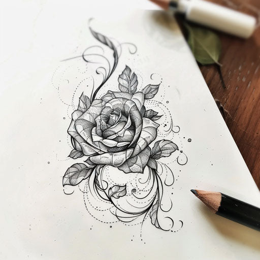Dynamic flat tattoo sketch of a blooming rose