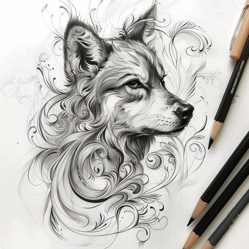 Elegant tattoo sketch of a wolf with delicate curves