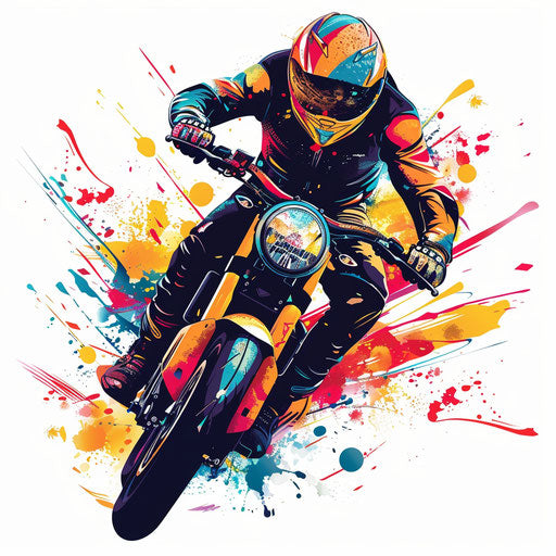 Tattoo sketch biker with vibrant paint splashes