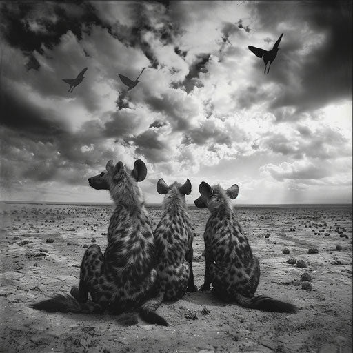 Hyenas in a poetic black and white scene, in the style of Gregory Colbert