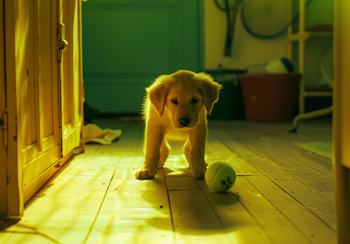Puppy playing with a tennis ball on the ground floor