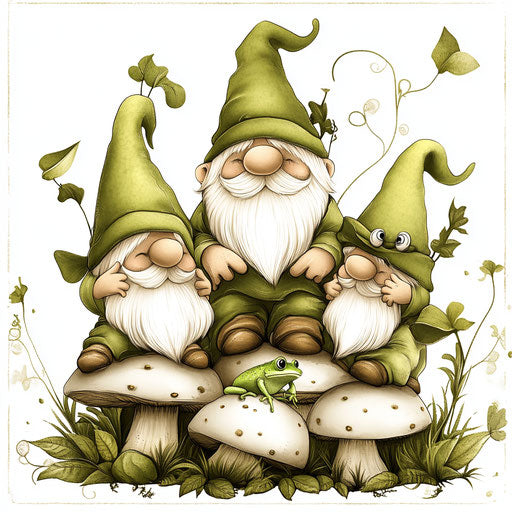 Adorable green gnomes with frogs on mushrooms