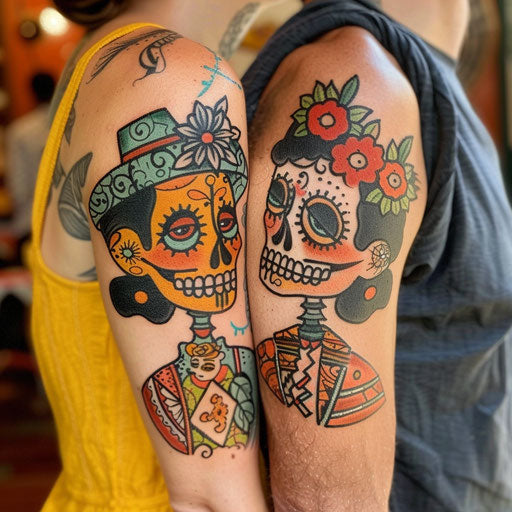 Mother son tattoos with bold outlines