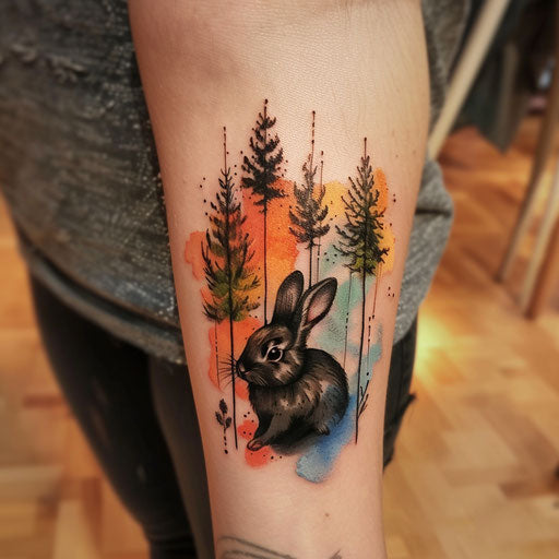 Artistic flat tattoo sketch of a black rabbit emerging from a watercolor forest