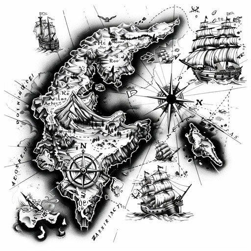 Elaborate pirate map tattoo design with nautical compasses