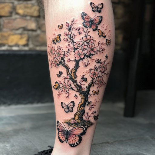 Cherry blossom tree tattoo in the style of Maria Sibylla Merian with butterflies and bees on the lower leg