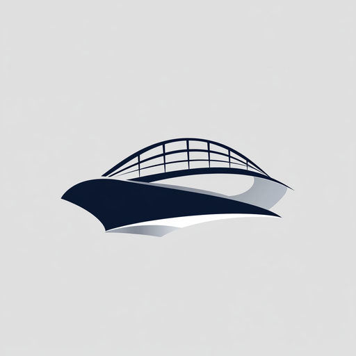 Creative construction company logo with modern stylized bridge in dark blue and silver on light gray background
