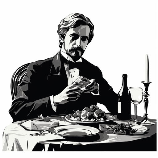 Dinner illustrations in the style of Chiaroscuro Art, on white background