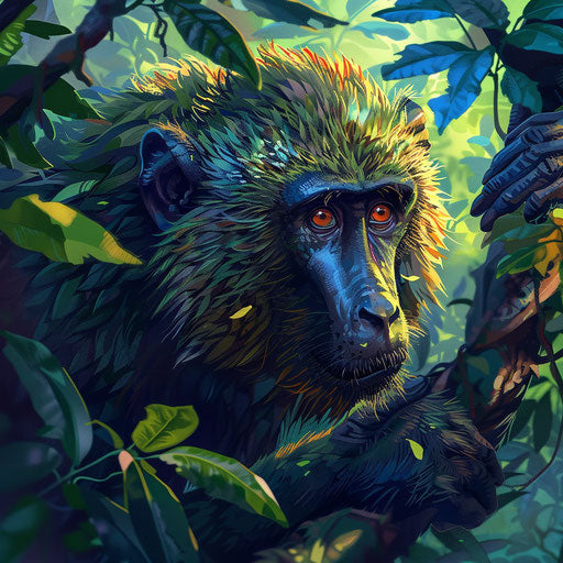 Baboon in a lush forest, vibrant and detailed