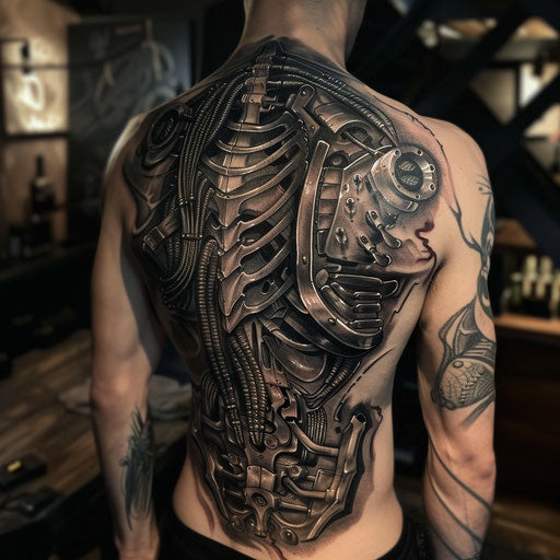 Biomechanical tattoo with dark surrealism