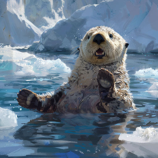 Playful sea otter among floating icebergs
