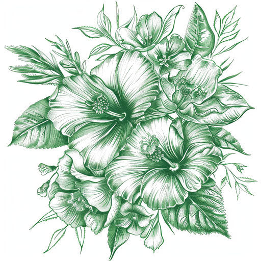 Botanical style tattoo sketch for 666, featuring lush green leaves and flowers