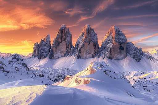 Winter sunset in the Dolomites, snow-covered peaks, orange sky, detailed rocks, natural landscape, high resolution