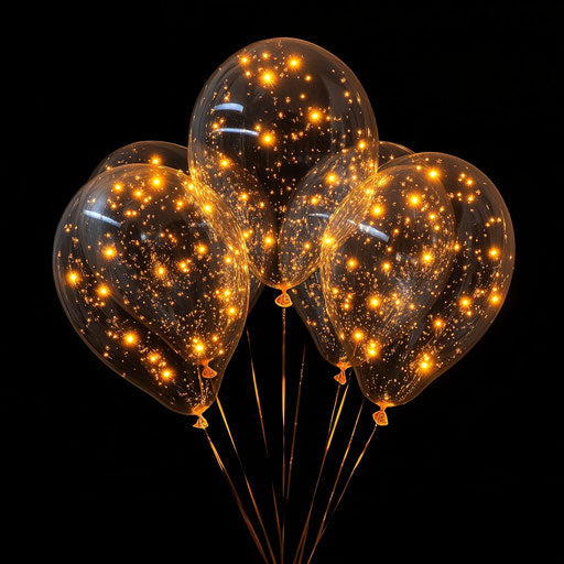 Six transparent balloons with golden lights