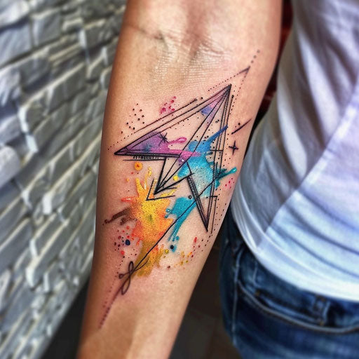 Vibrant tattoo sketch of a paper airplane in watercolor style