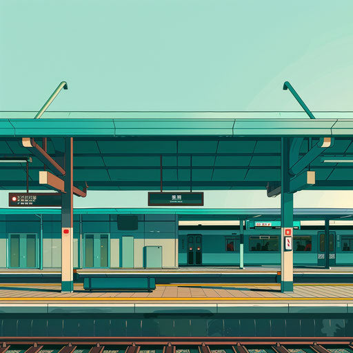 Realistic train station clipart with flat teal background