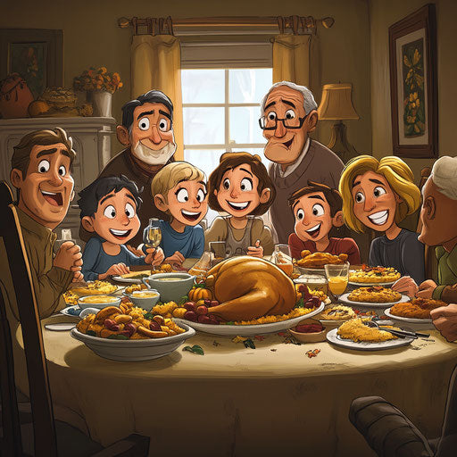 Diverse cartoon family at a Thanksgiving dinner table