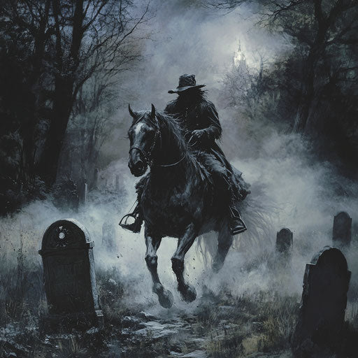 The headless horseman riding a skeletal horse through a graveyard, eerie mist swirling around gravestones