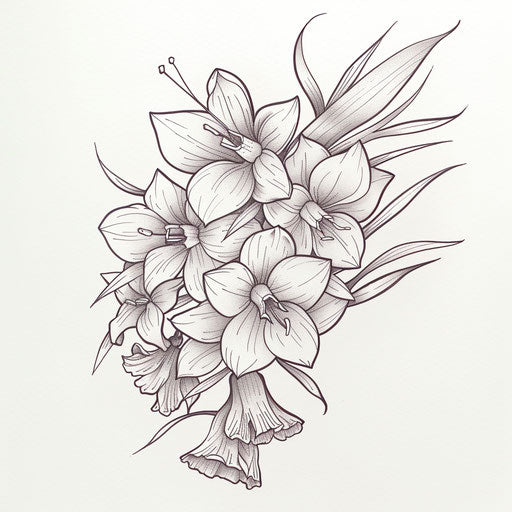 Elegant clipart style flat tattoo sketch of daffodils, the March birth flower, with delicate linework