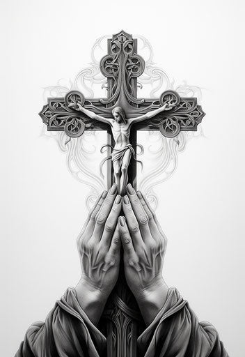 Praying hands at cross, sculpted, goosepunk, tattoo style
