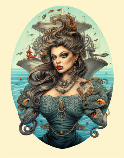 Colorful mermaid holding anchor, Dave Stevens style, classic tattoo motifs