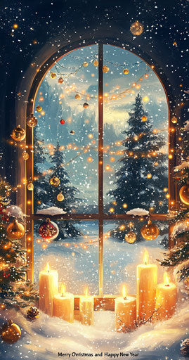 Christmas candles, golden decorations and white snow in front of an arched window with trees and lights