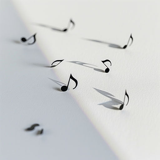 Black and white music notes scattered on white