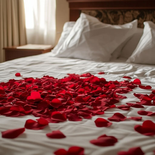 Red Roses in Heart Shape on Bed for Valentine's Day