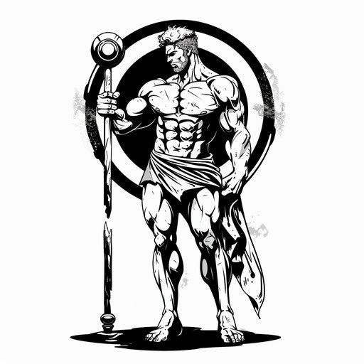 Sleek, monochrome tattoo sketch of Hercules with a club, modern minimalist clipart aesthetic