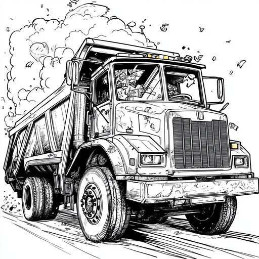 Humorous garbage truck coloring page, Walt Handelsman style