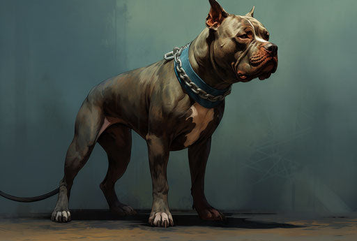 A large pit bull with a leash, dark cyan and dark brown style, dark gray, princesscore, ilford xp2, hard-edged lines, HD mod, lighthearted 34:23