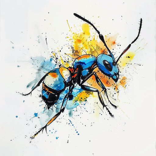 Artistic flat tattoo sketch of an ant composed of watercolor splashes