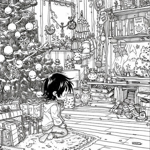 Intense anime Christmas ornament scene in Mamoru Hosoda style
